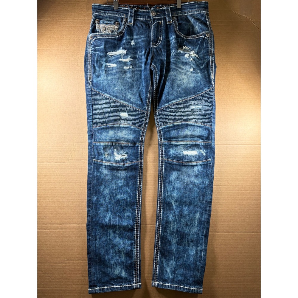 Rock Revival James Biker Jeans Mens 33 Blue Distressed Moto Slim‎ Straight Denim